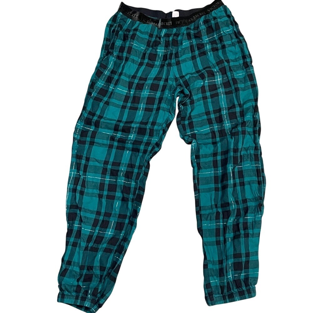 Victoria's Secret Green Black Plaid‎ Metallic Lurex Pajama Jogger Pants Small